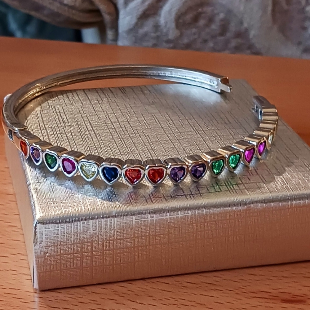 STERLING Silver Bangle Bracelet with Sparkling Colorful Heart Shaped Gemstones - Picture 12 of 15